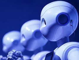 A row of Pepper robots developed by SoftBank Group Corp. The humanoid robots can be programmed to do many things – often replacing or augmenting human jobs. Photograph: Bloomberg via Getty Images