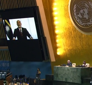 Nauru's President Lionel Aingimea addresses the UN General Assembly by video link, 23 September, 2021. Credit - United Nations Nauru's President Lionel Aingimea addresses the UN General Assembly by video link, 23 September, 2021. Credit - United Nations