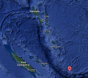 The red marker shows where Matthew and Hunter are in relation to Vanuatu and New Caledonia. Photo: Google maps The red marker shows where Matthew and Hunter are in relation to Vanuatu and New Caledonia. Photo: Google maps
