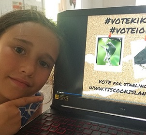 Ari George is the campaign manager for the extinct Kikoi and says 'Vote for Kikoi and I'oi' in Bird for the Year Cook Islands 2021. Credit - Te Ipukarea Society Ari George is the campaign manager for the extinct Kikoi and says 'Vote for Kikoi and I'oi' in Bird for the Year Cook Islands 2021. Credit - Te Ipukarea Society