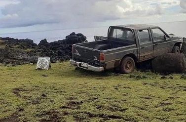 A pickup truck collided with a moai platform on Easter Island. Photograph: Ma'u Henua community/Facebook