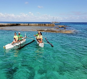 Terena Koteka-Wiki and Konini Rongo arriving in Mitiaro on the paiere, traditional fishing boats. Credit - Te Ipukarea Society Terena Koteka-Wiki and Konini Rongo arriving in Mitiaro on the paiere, traditional fishing boats. Credit - Te Ipukarea Society