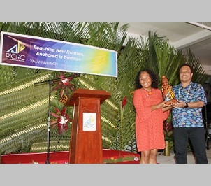 In 2020, Ann Singeo receiving the 2nd Tommy E. Remengesau Jr. Environmental Award during PICRC’s 19th Anniversary-Dinner Gala, with Maderngebuked- Tommy E. Remengesau Jr. Credit - www.islandtimes.org In 2020, Ann Singeo receiving the 2nd Tommy E. Remengesau Jr. Environmental Award during PICRC’s 19th Anniversary-Dinner Gala, with Maderngebuked- Tommy E. Remengesau Jr. Credit - www.islandtimes.org