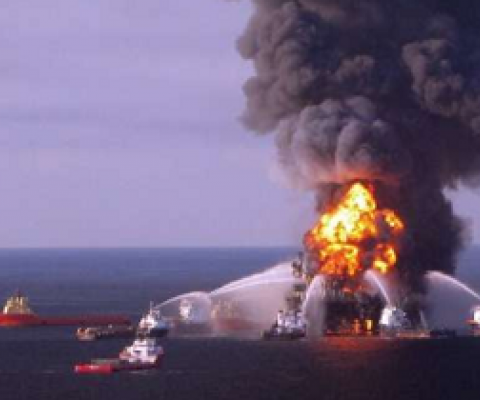 The Deepwater Horizon oil-drilling platform is shown in flames in the Gulf of Mexico two days after an explosion killed 11 workers on the rig