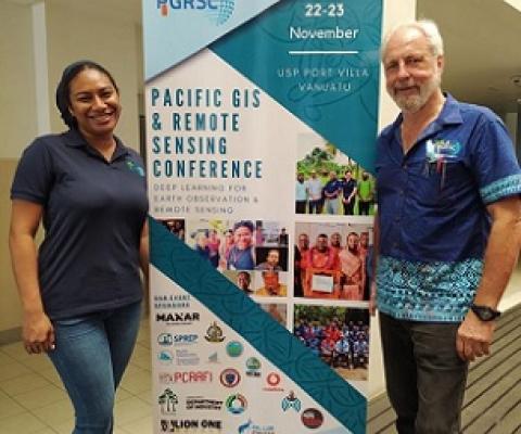 (From left) Pacific GIS and Remote Sensing Council vice-chair Salote Viti and Chairman Wolf Forstreuter at the University of the South Pacific Laucala Campus in Suva on November 22, 2021. Credit - Pacific Gis And Remote Sensing Council
