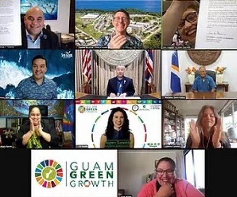 Top row, from left, Guam Lt. Gov. Joshua Tenorio, University of Guam President Dr. Thomas Krise, Guam Gov. Lou Leon Guerrero, UOG Center for Island Sustainability Director Dr. Austin Shelton, Hawaii Gov. David Ige, Marshall Islands President David Kabua, 35th Guam Legislature Speaker Tina Muña Barnes, G3 Coordinator Lauren Swaddell, Hawaii Green Growth Executive Director Celeste Connors, GLISPA Executive Director Kate Brown.