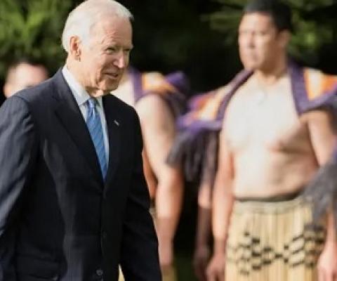 Joe Biden being welcomed to New Zealand by Maori warriors during a visit in 2016. Pacific nations have welcomed his election to the presidency of the United States. Photograph: Chris Cameron/AFP/Getty Images