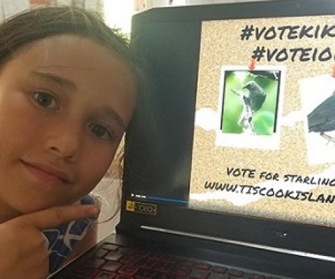 Ari George is the campaign manager for the extinct Kikoi and says 'Vote for Kikoi and I'oi' in Bird for the Year Cook Islands 2021.  Credit - Te Ipukarea Society