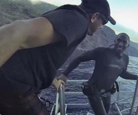 Kobe Bryant and Martin Graf in September of 2013. Bryant had to wear a pair of his Nikes to dive with the sharks.(Courtesy Sharkdiver.com) 