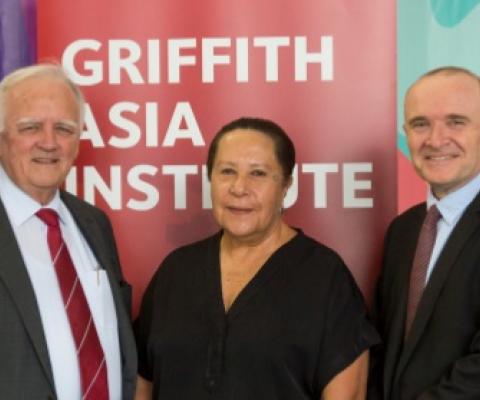 Dame Meg Taylor flanked by (L-R) Bruce Miller AO, Henry Smerdon, Professor David Grant, Professor Caitlin Byrne. 11/11/19 Griffith Asia Institute Asia lecture at QCA.