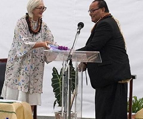 New Zealand High Commissioner HE Tiffany Babington and Prime Minister Hon Dr Pohiva Tu'i'onetoa launch the Climate Resilient Islands Programme, Fa'onelua Centre, Nuku'alofa. Credit - www.matangitonga.to