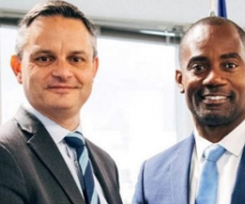 Minister of Maritime Affairs and the Blue Economy Kirk Humphrey, greets New Zealand’s Minister for Climate Change James Shaw during his recent visit to Barbados
