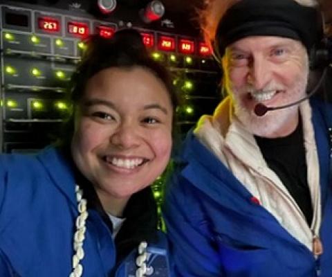 Inside the submersible Limiting Factor close to the ocean floor, Nicole Yamase and pilot/owner Victor Vescovo Photo: RNZ Pacific / Giff Johnson