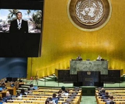Kausea Natano, Prime Minister, Tuvalu, addresses the General Assembly 75th session: General Debate Photo: UN Media
