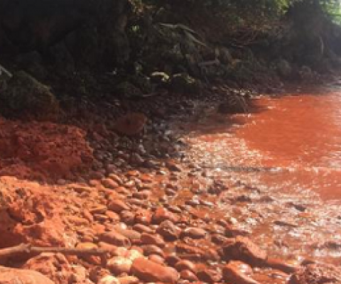 A spill into the bay earlier this year turned the sea red. Photo: Facebook/ Elisha Wesley Mizeu