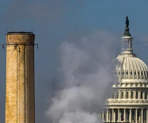 The dome of the US Capitol is seen behind the smokestacks of the Capitol Power Plant, a coal-burning plant in Washington DC. Photograph: Jim Lo Scalzo/EPA
