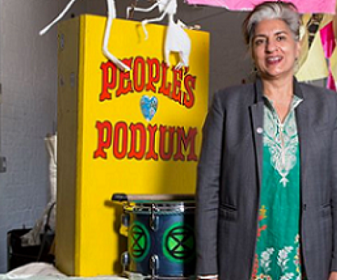 Environmental lawyer and activist Farhana Yamin at the London offices of the global movement Extinction Rebellion. Credit: Richard Saker/Guardian/eyevine