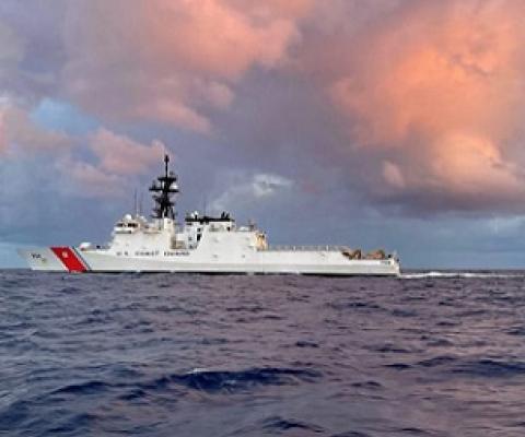 The crew of the Coast Guard Cutter Kimball (WMSL 756) underway in the Pacific, April 4, 2021. The Kimball was conducting an expeditionary patrol supporting Operation Blue Pacific, Op Rai Balang, and Op Aloha Shield. U.S. COAST GUARD