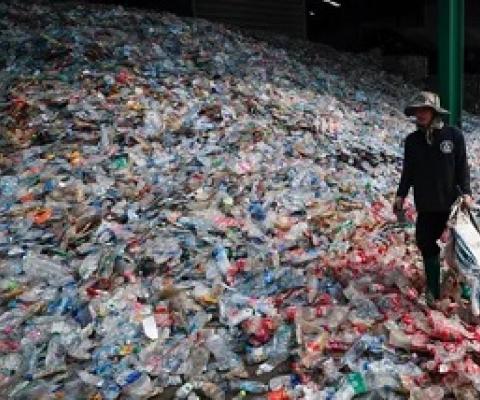A mound of plastic bottles at a recycling plant near Bangkok in Thailand. Around 300 million tonnes of plastic is made every year and most of it is not recycled. Photograph: Diego Azubel/EPA